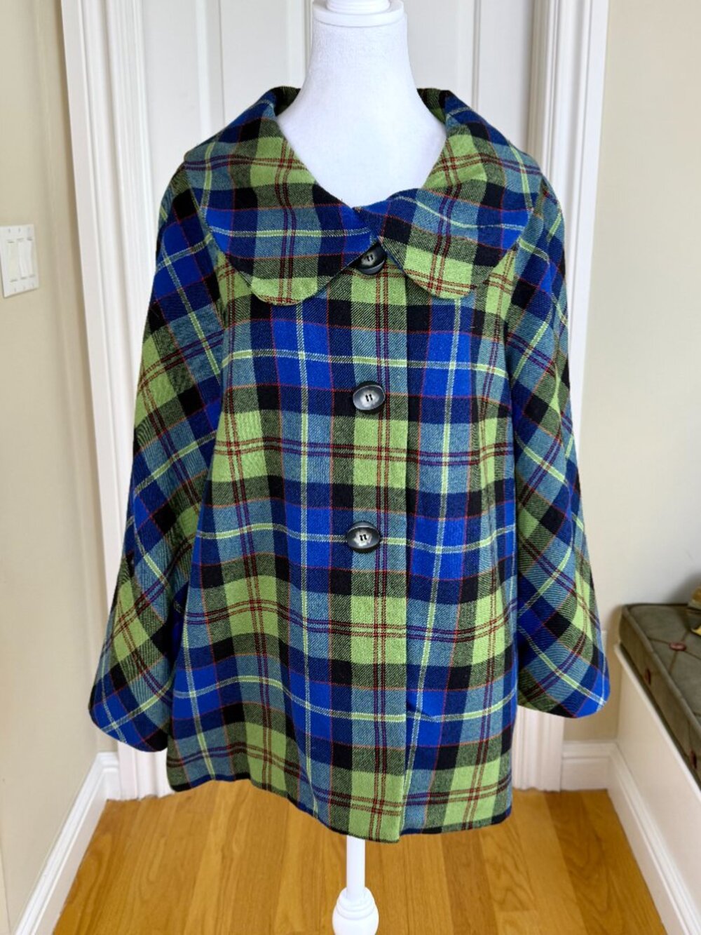 Pendleton Wool Plaid Jacket Green Cobalt Blue Wide Round Collar (16) - Picture 2 of 10